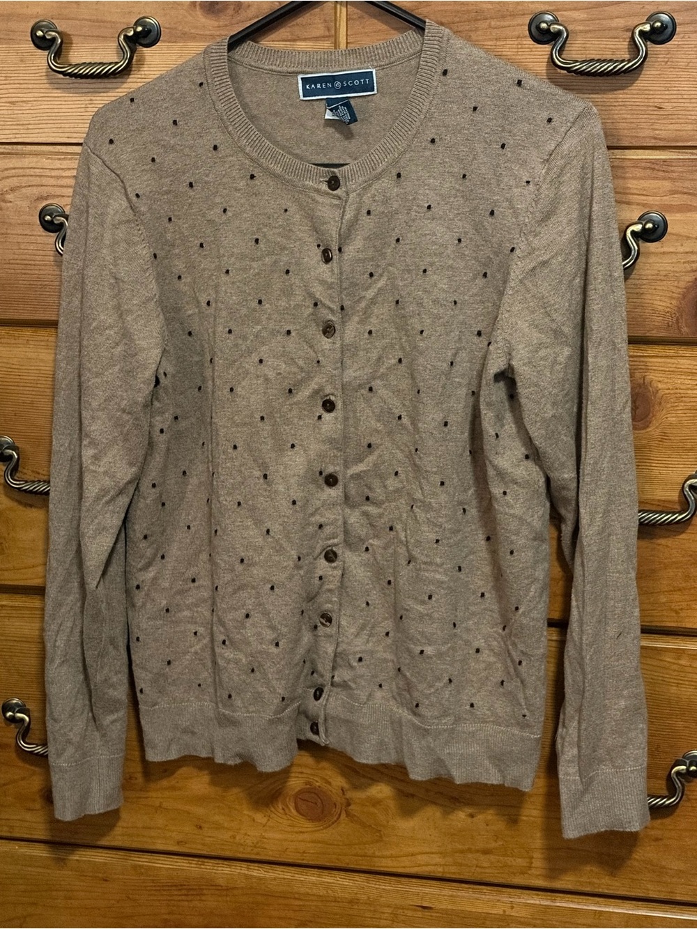 Karen Scott Taupe Cardigan with Black Polka Dots
